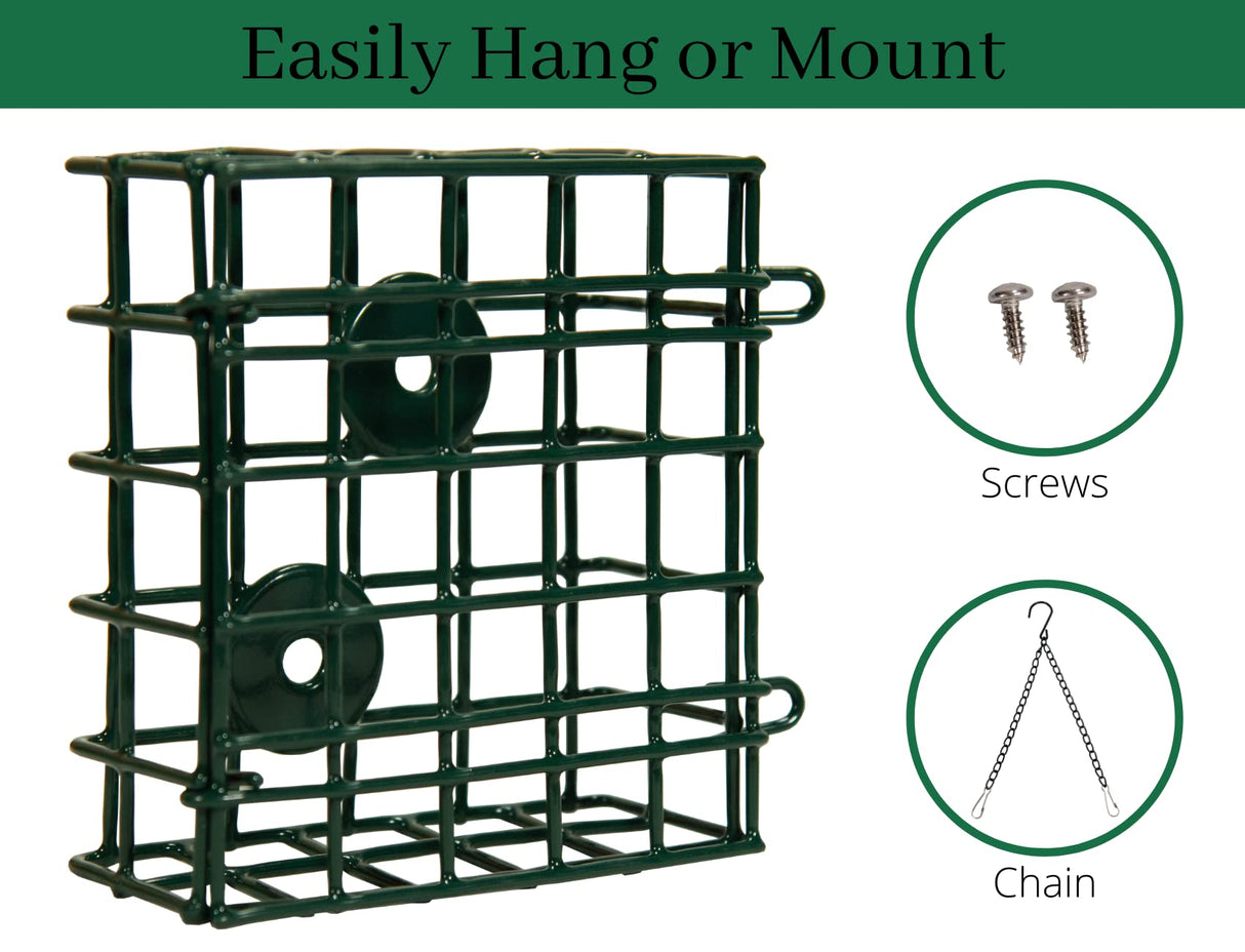 JCs Wildlife Single Suet Cage for birds, easily hang or mount with screws and chain options.