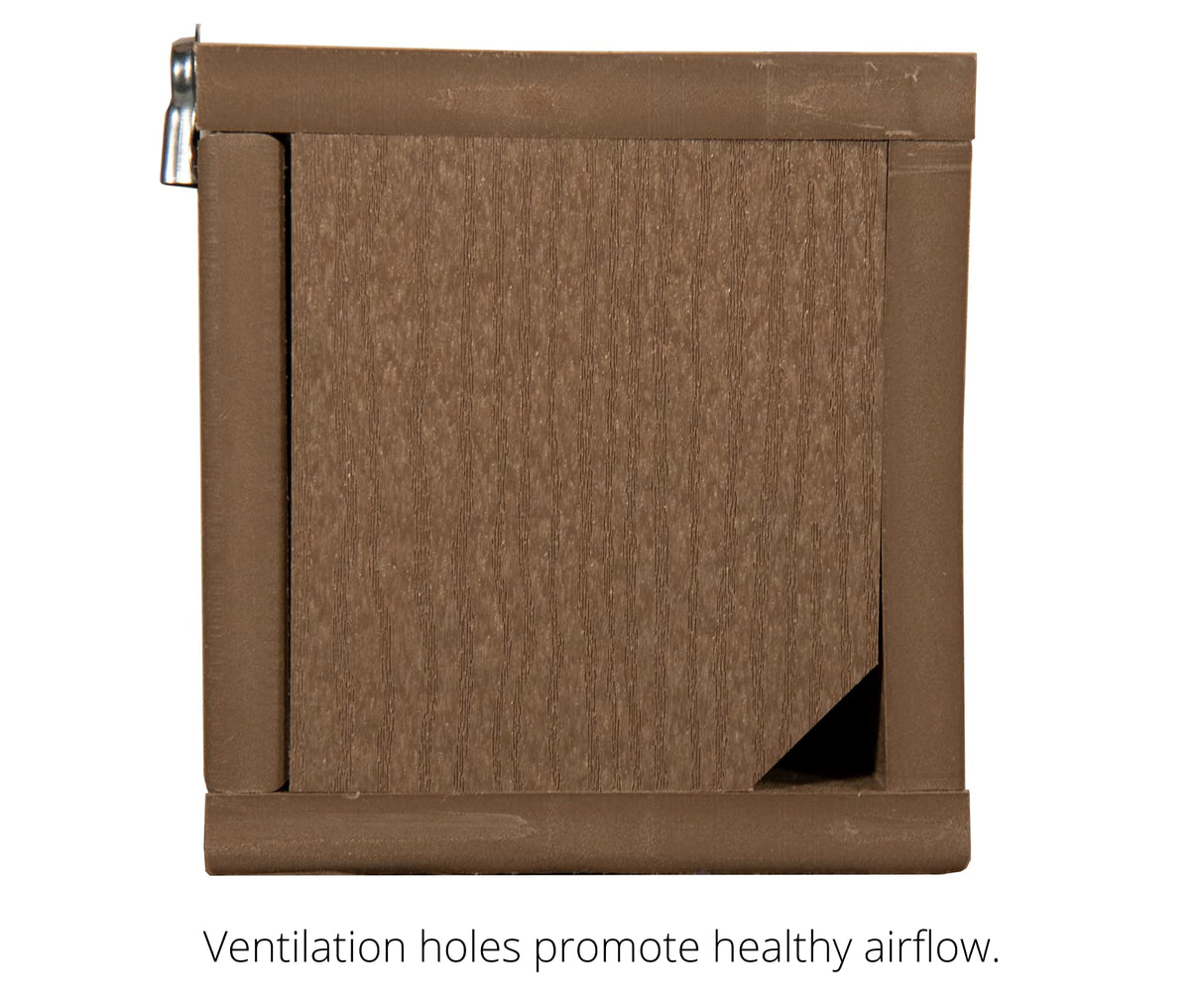 Product shot showing a brown composite plastic planter box with a ventilation slot a hinged door and a metallic latch