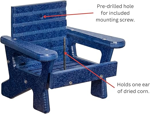 JCS Wildlife Black Squirrel Chair Feeder featuring pre-drilled hole and corn holder for easy squirrel feeding.