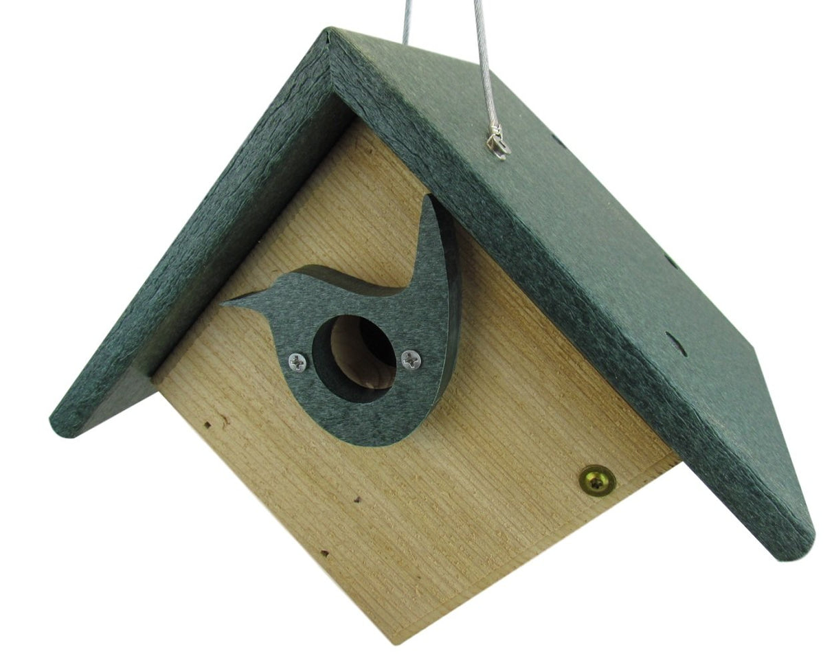 Recycled plastic birdhouse featuring a dark green roof and bird-shaped entrance hole with natural wood body and visible screws