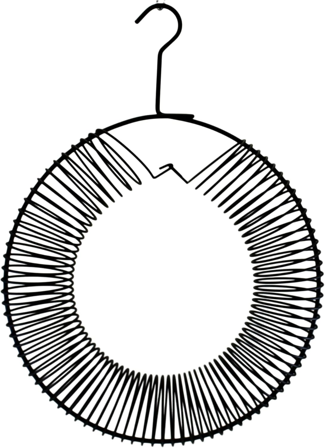 Black metal wire circular hanger with a single hook top featuring a unique spring-like design and a matte black finish
