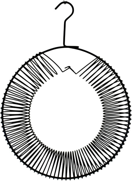 Black metal wire circular hanger with a single hook top featuring a unique spring-like design and a matte black finish