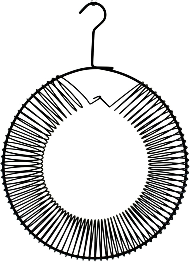 Black metal wire circular hanger with a single hook top featuring a unique spring-like design and a matte black finish