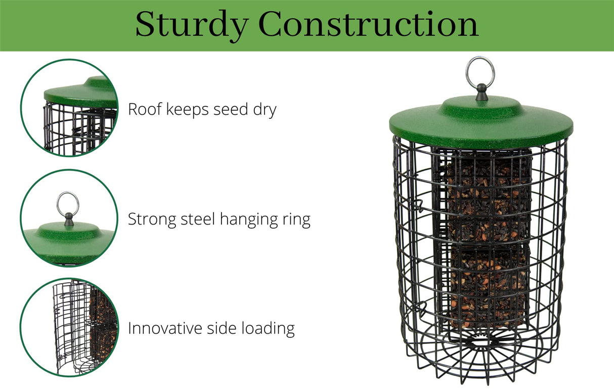 Sturdy construction of the Squirrel Stopper suet feeder with roof, hanging ring, and side loading design.