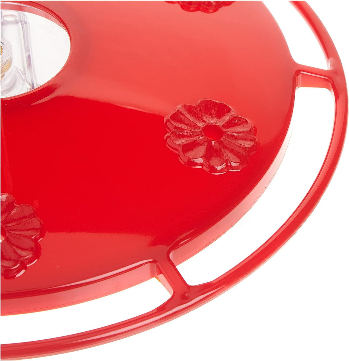 Red feeding platform of the Aspects 143 HummZinger Excel Hummingbird Feeder with flower-shaped feeding ports.