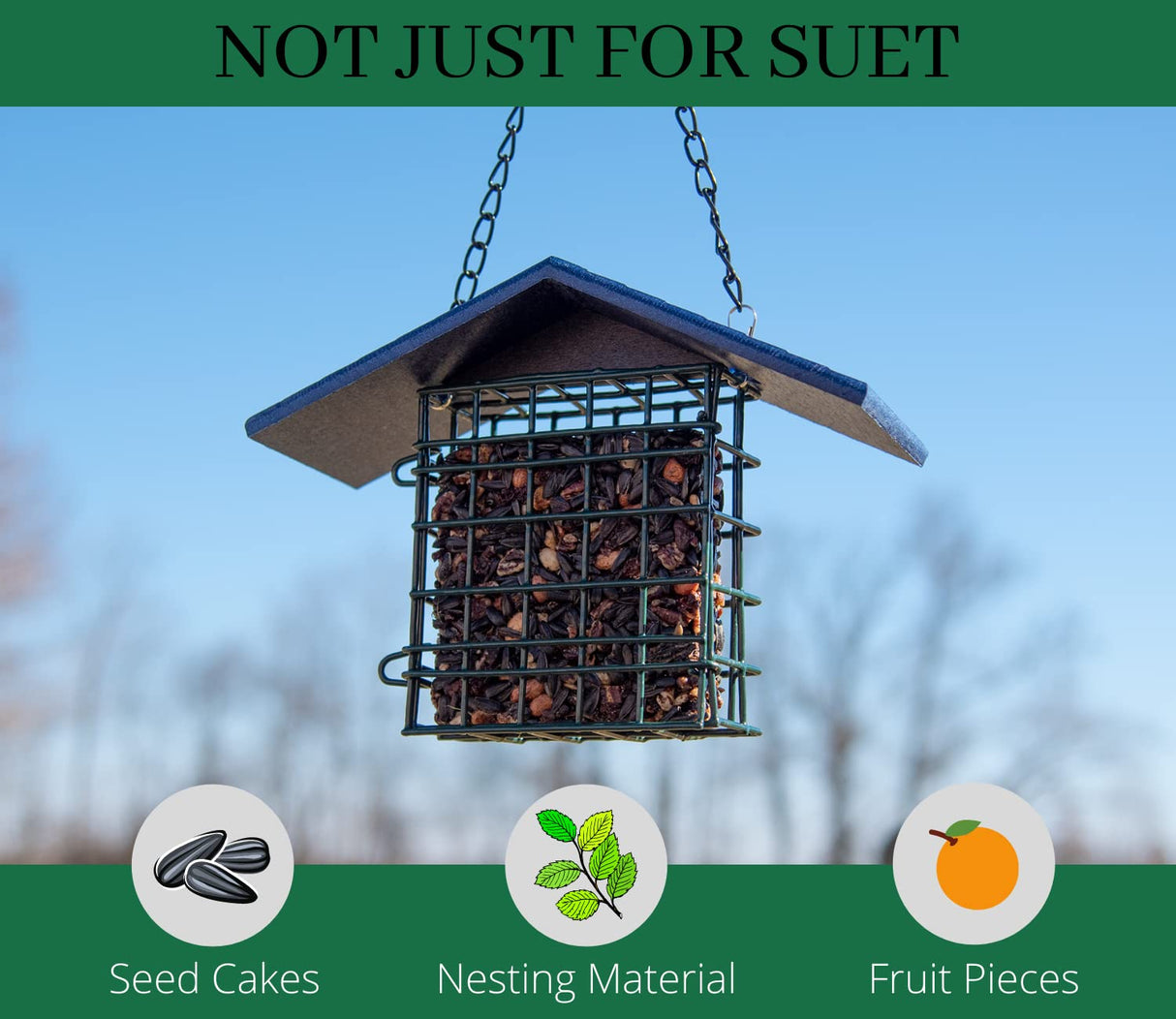JCS Wildlife Single Suet Cage with Poly Lumber Roof for bird feeders, showcasing seed cakes, nesting material, and fruit pieces.