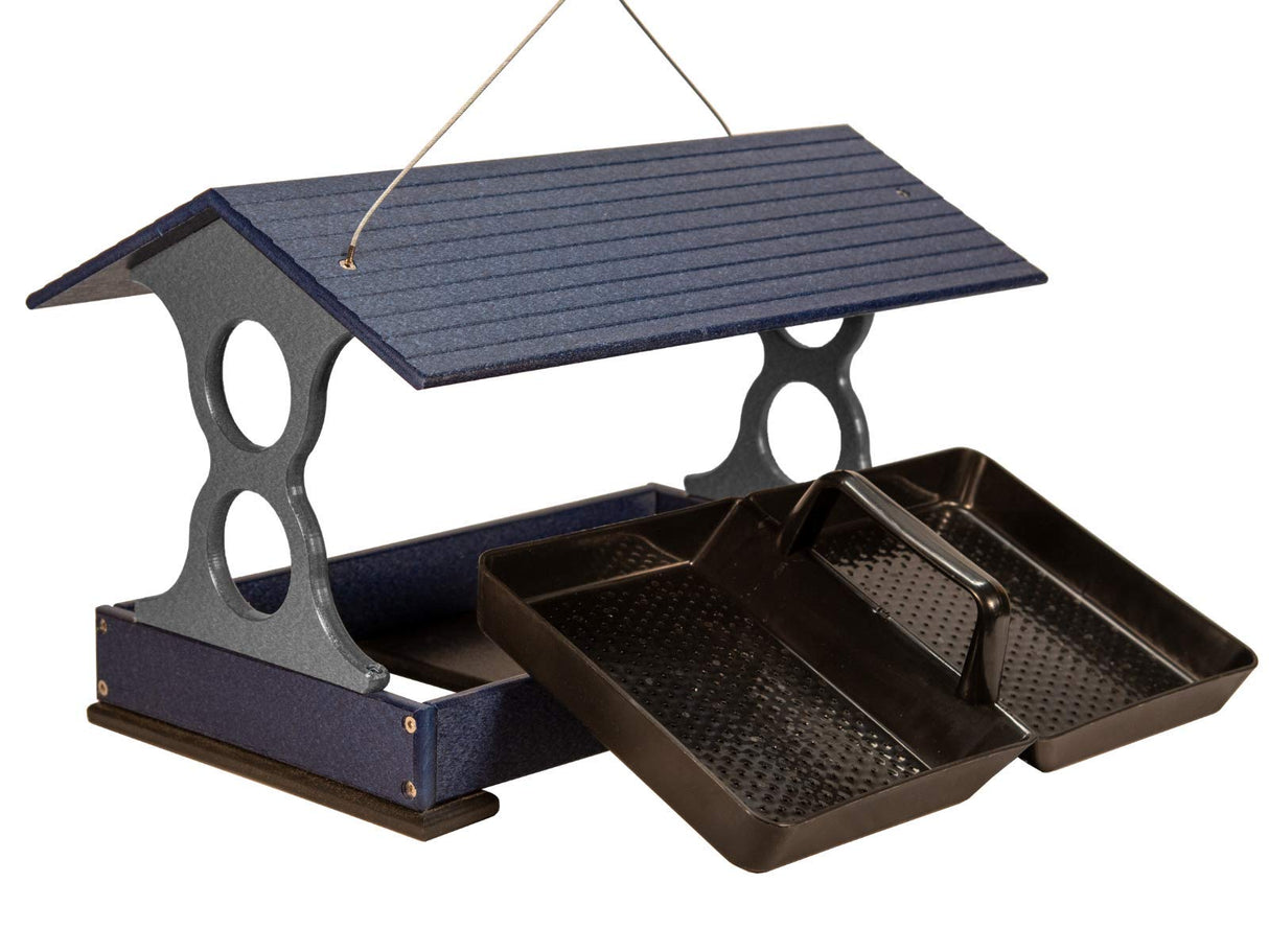 Plastic bird feeder with a blue roof and gray frame featuring two removable black trays and a hanging wire showing textured surfaces and copper colored hardware