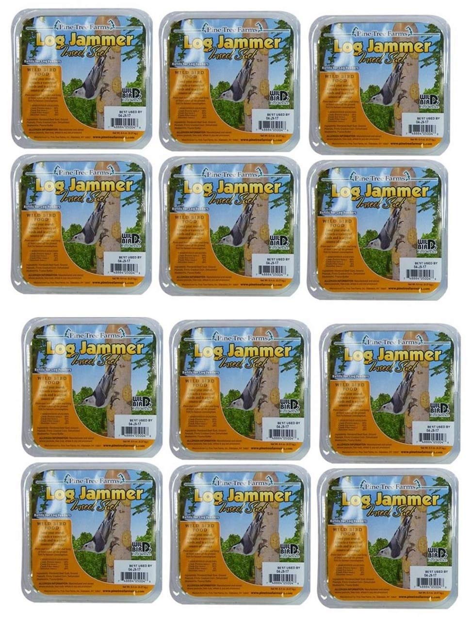 Pine Tree Farms twelve-pack of Log Jammer Insect Suet featuring a Downy Woodpecker on a tree trunk with yellow, orange, and brown suet blocks.