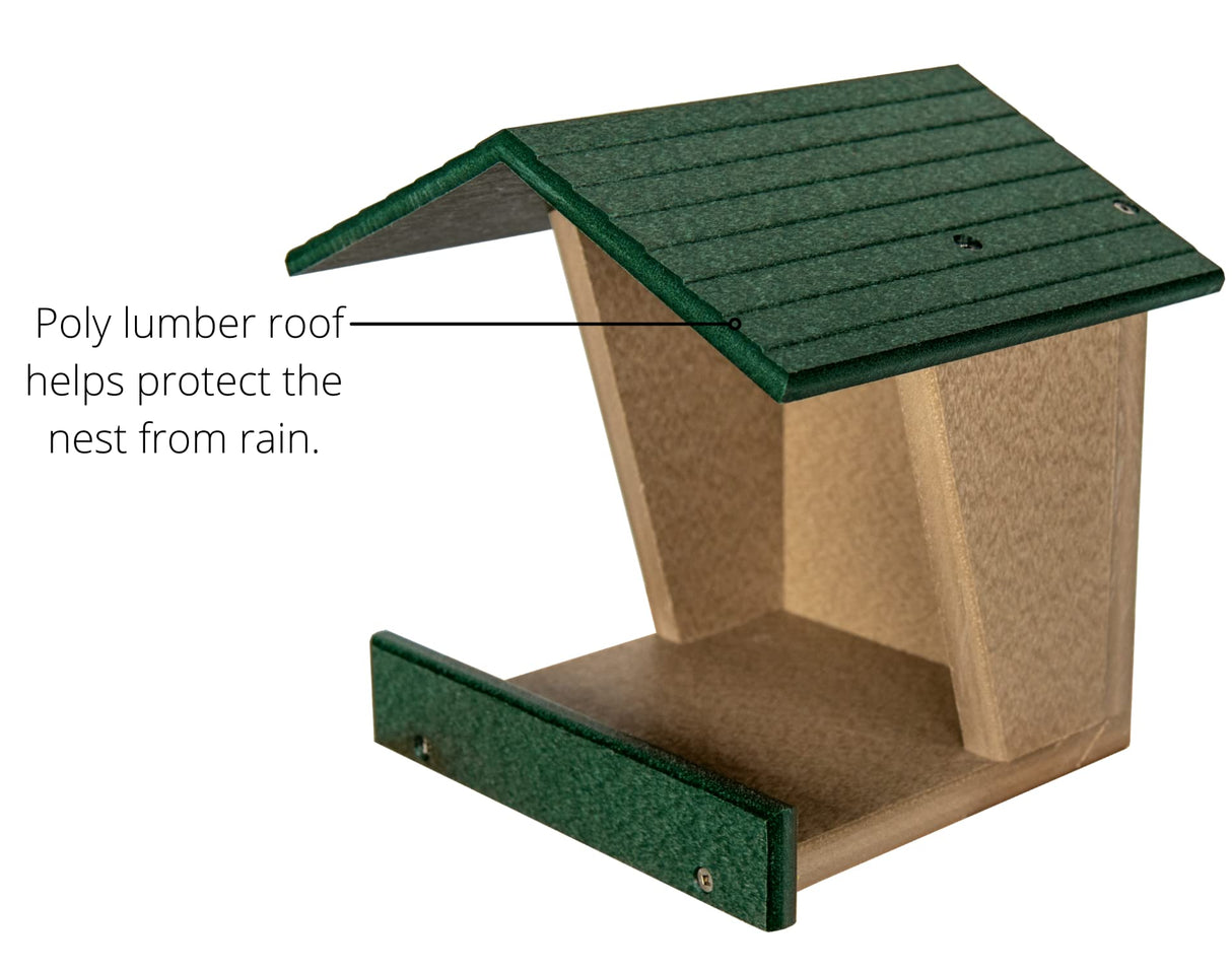 JCs Wildlife Modern Style All Poly Lumber Robin Roost with poly lumber roof designed to protect nests from rain.