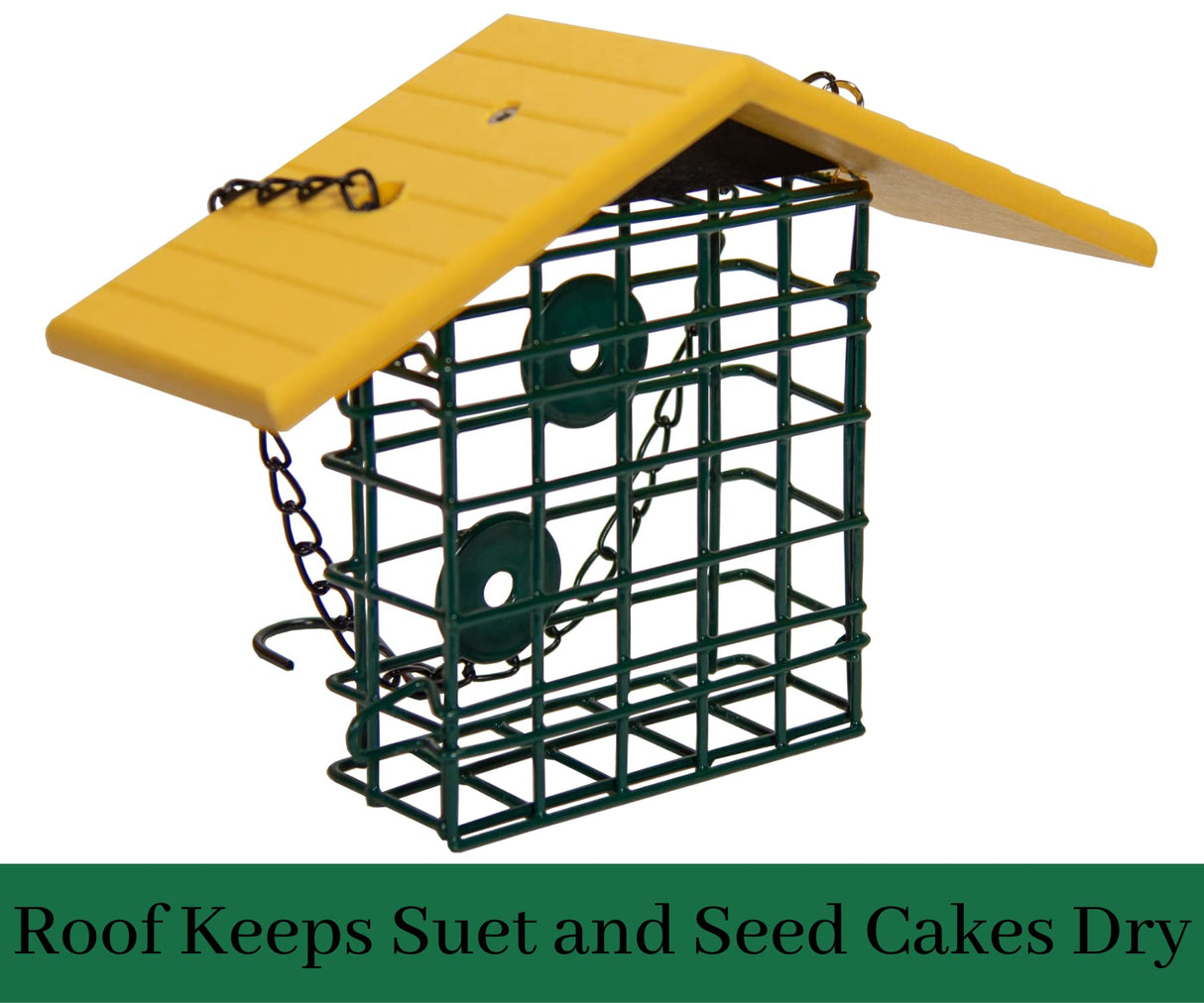 JCS Wildlife Single Suet Cage with Poly Lumber Roof designed to keep suet and seed cakes dry and protected.