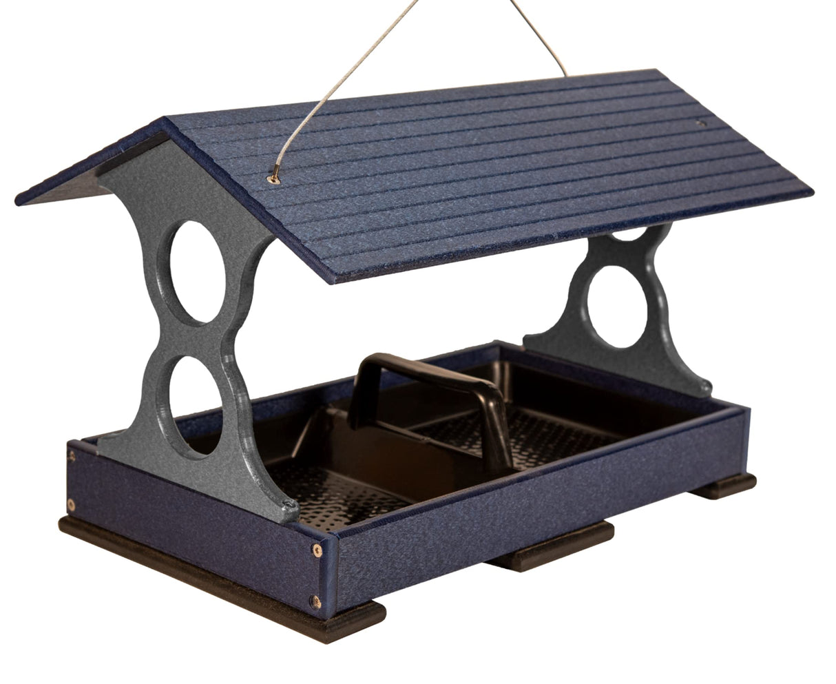 Recycled plastic bird feeder with a dark blue roof, gray supports, and a black tray featuring a textured surface and small feet for stability