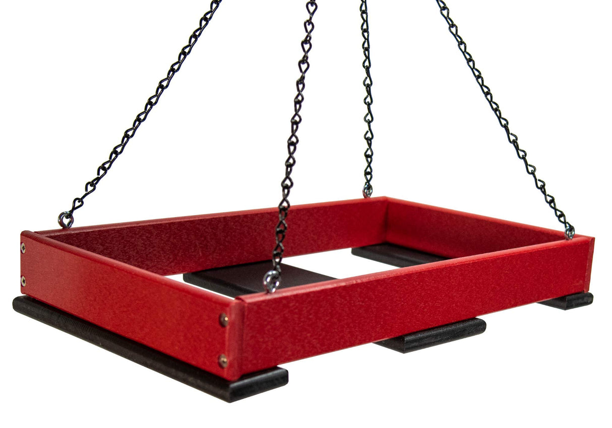JCS Wildlife Large Poly Lumber Hanging Platform Feeder in red, ideal for attracting birds to your garden.
