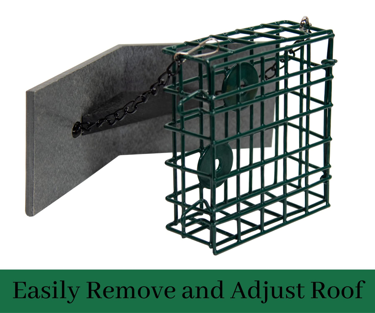 JCS Wildlife Single Suet Cage with Poly Lumber Roof, featuring an adjustable roof for easy access and maintenance.