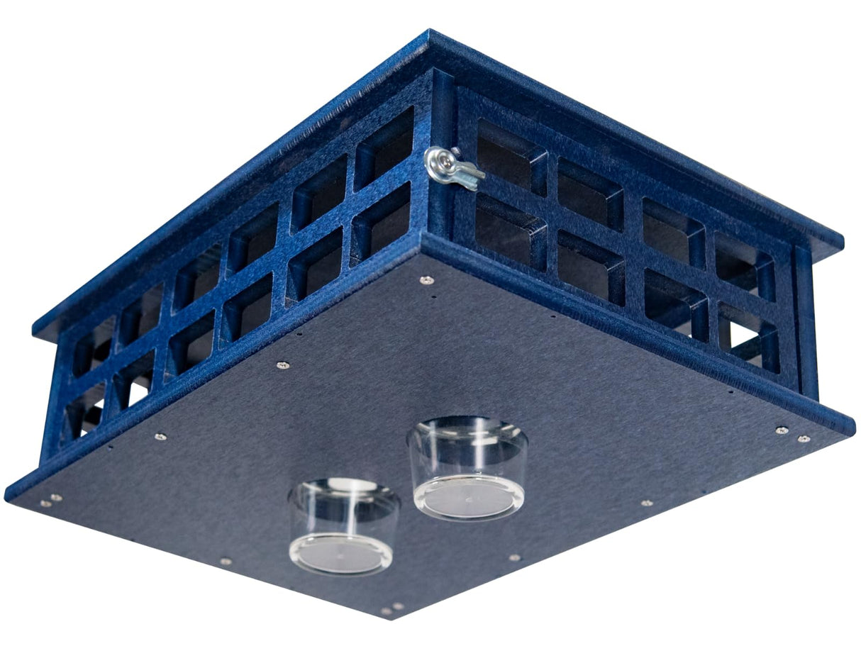 JCS Wildlife Recycled Poly Lumber Deluxe Caged Platform Bluebird Feeder with two feeding cups in blue design.