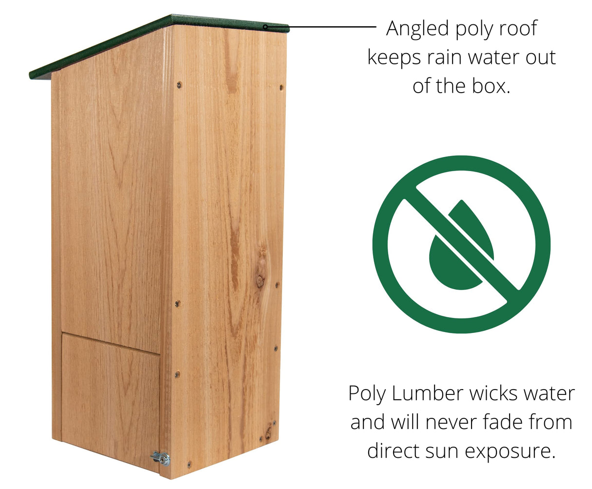 JCS Wildlife Cedar Wood Duck House with angled poly roof to keep water out and durable poly lumber for long-lasting use.