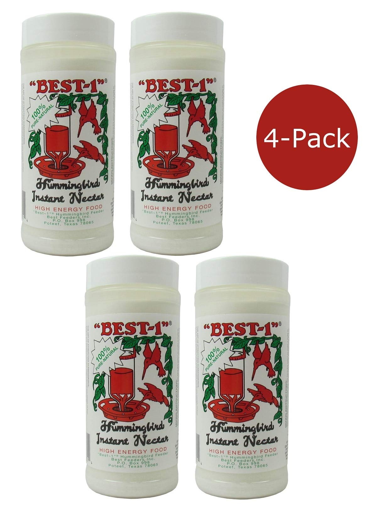 Product shot showing a four-pack of Best-1 Hummingbird Instant Nectar containers featuring vibrant red hummingbird feeders and illustrations of hummingbirds against a green leafy background in Poteet, Texas.