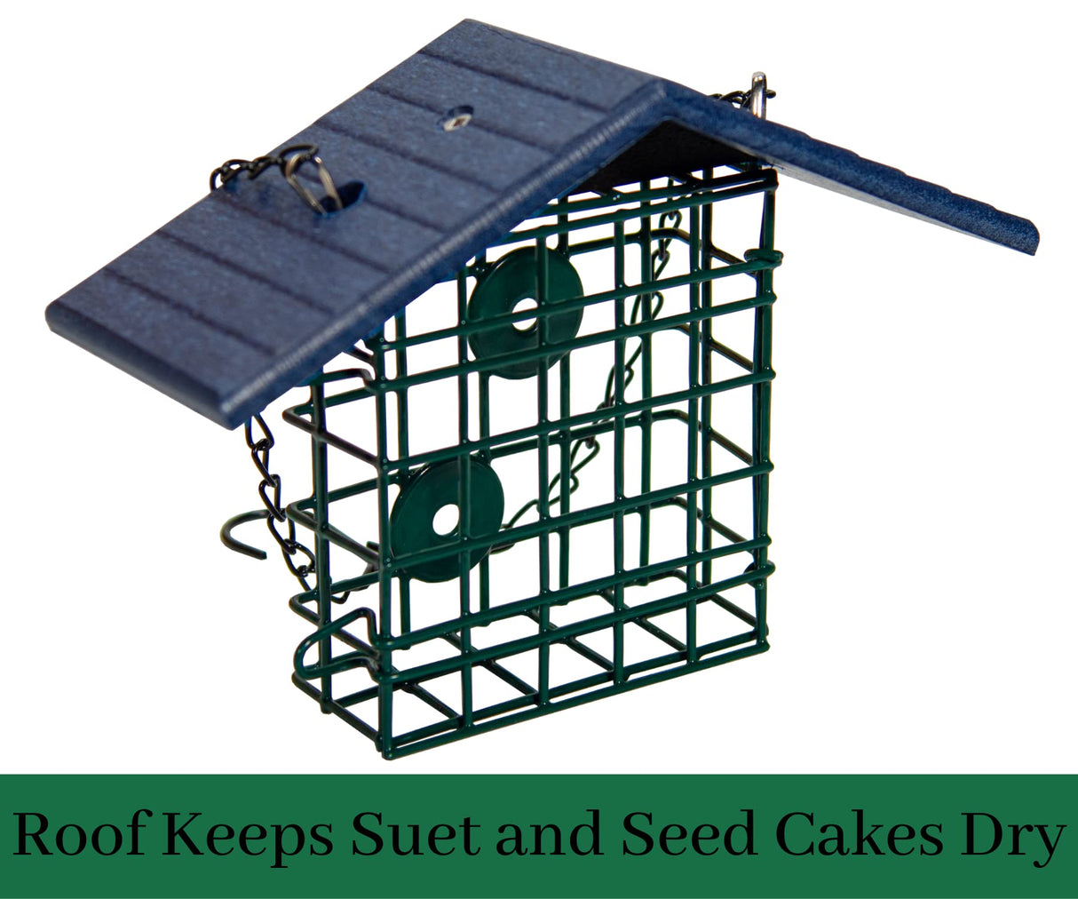 JCS Wildlife Single Suet Cage with Poly Lumber Roof, keeps suet and seed cakes dry and protected from the elements.