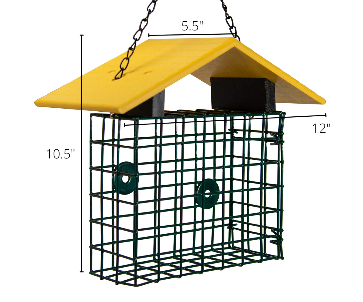 JCS Wildlife XL Suet Cage with Recycled Poly Lumber Roof, green wire mesh, yellow roof, dimensions 12" x 5.5" x 10.5".