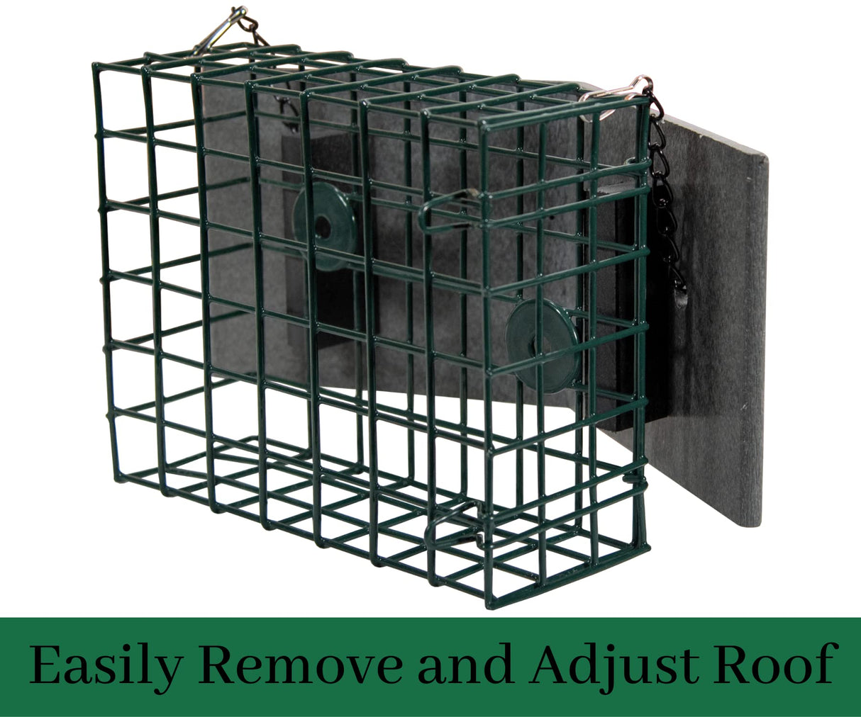 JCS Wildlife XL Suet Cage with Recycled Poly Lumber Roof, easy to remove and adjust roof for bird feeding.