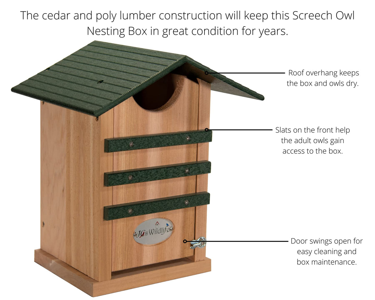 JCS Wildlife Cedar Screech Owl Nest Box with Poly Lumber Roof showcasing durable design and easy access features.