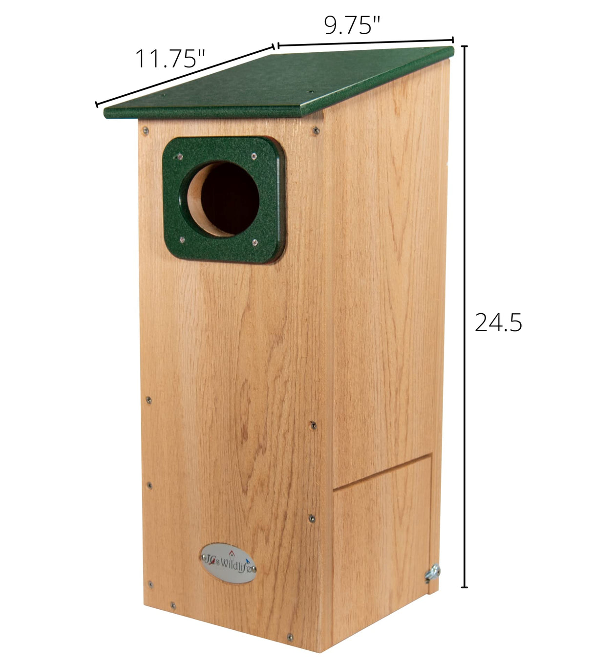 JCS Wildlife Cedar Wood Duck House with recycled poly lumber roof and predator guard design.