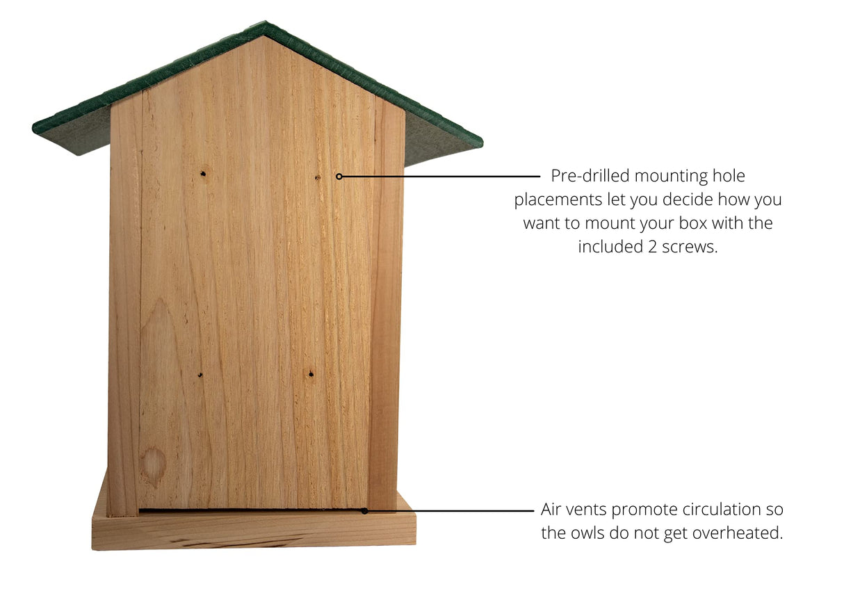 JCS Wildlife Cedar Screech Owl Nest Box features pre-drilled holes and air vents for optimal owl habitat.