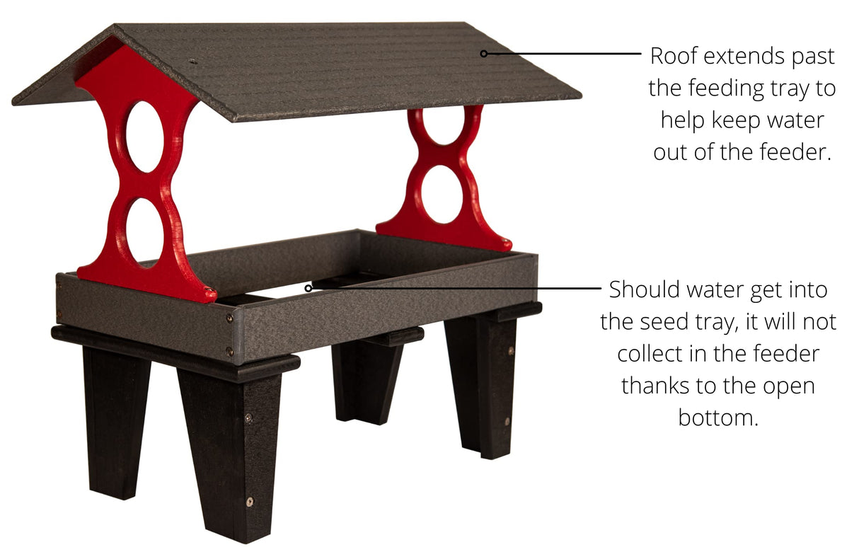 Product image of a gray and red plastic bird feeder with a sloped roof and open bottom featuring two round cutouts in the red support and raised legs for stability