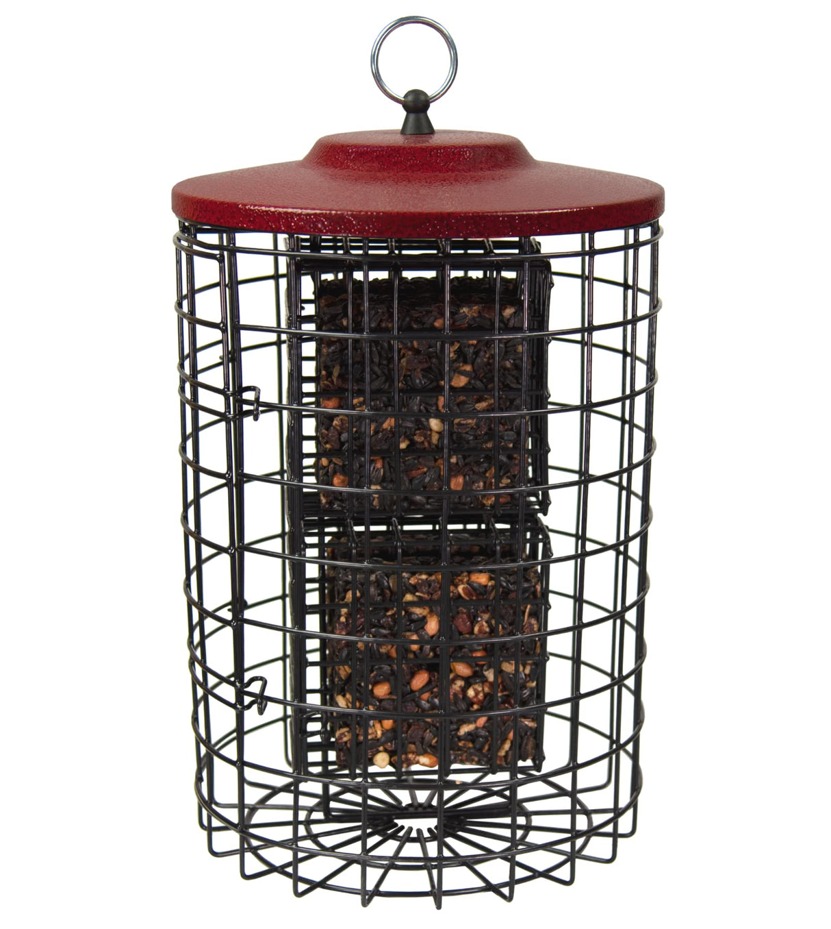 Squirrel Stopper large round squirrel proof suet feeder with easy-open door, holding 4 suet cakes, ideal for small songbirds.