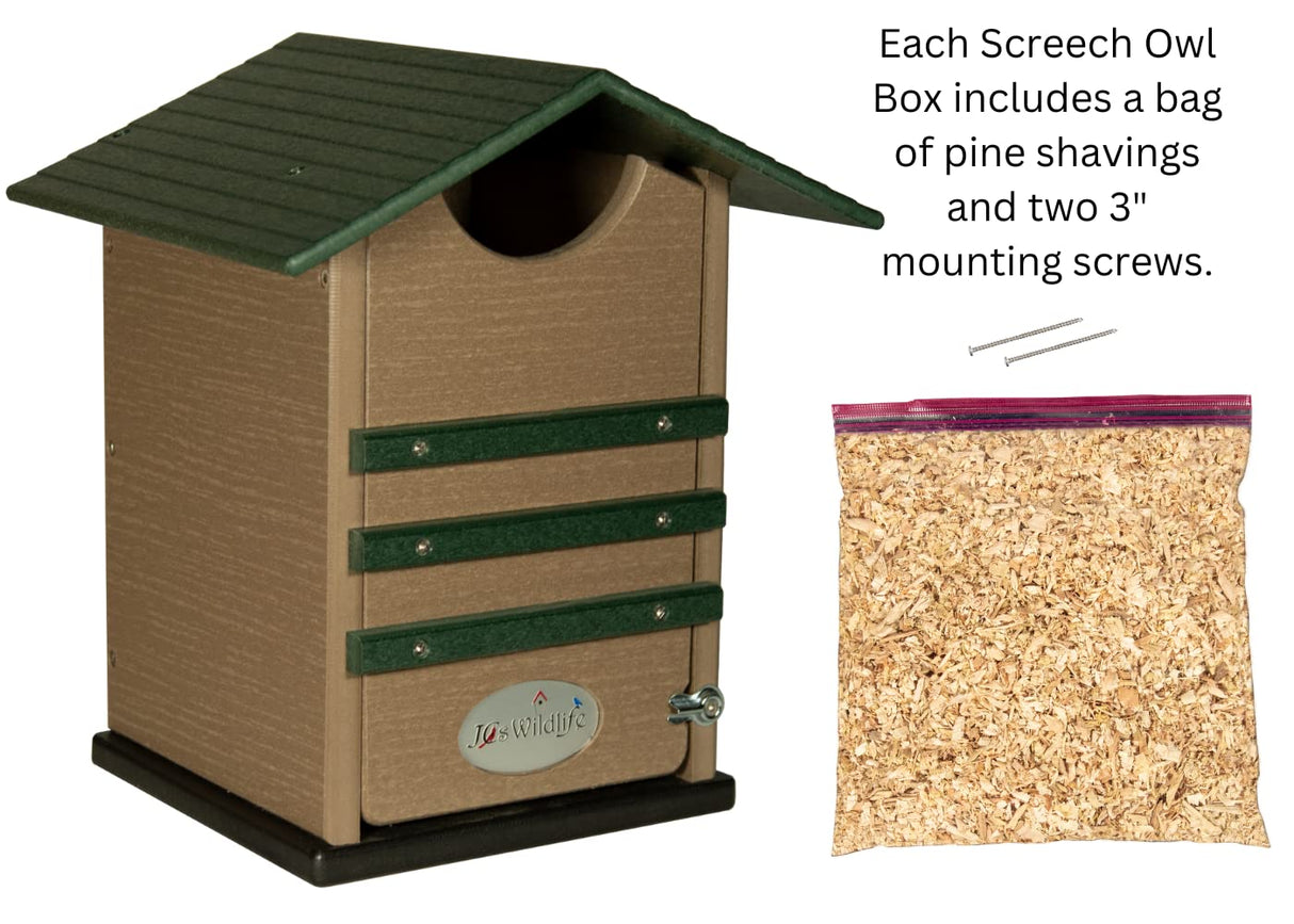 JOS Wildlife plastic screech owl house with green roof and trim beige body and included pine shavings bag
