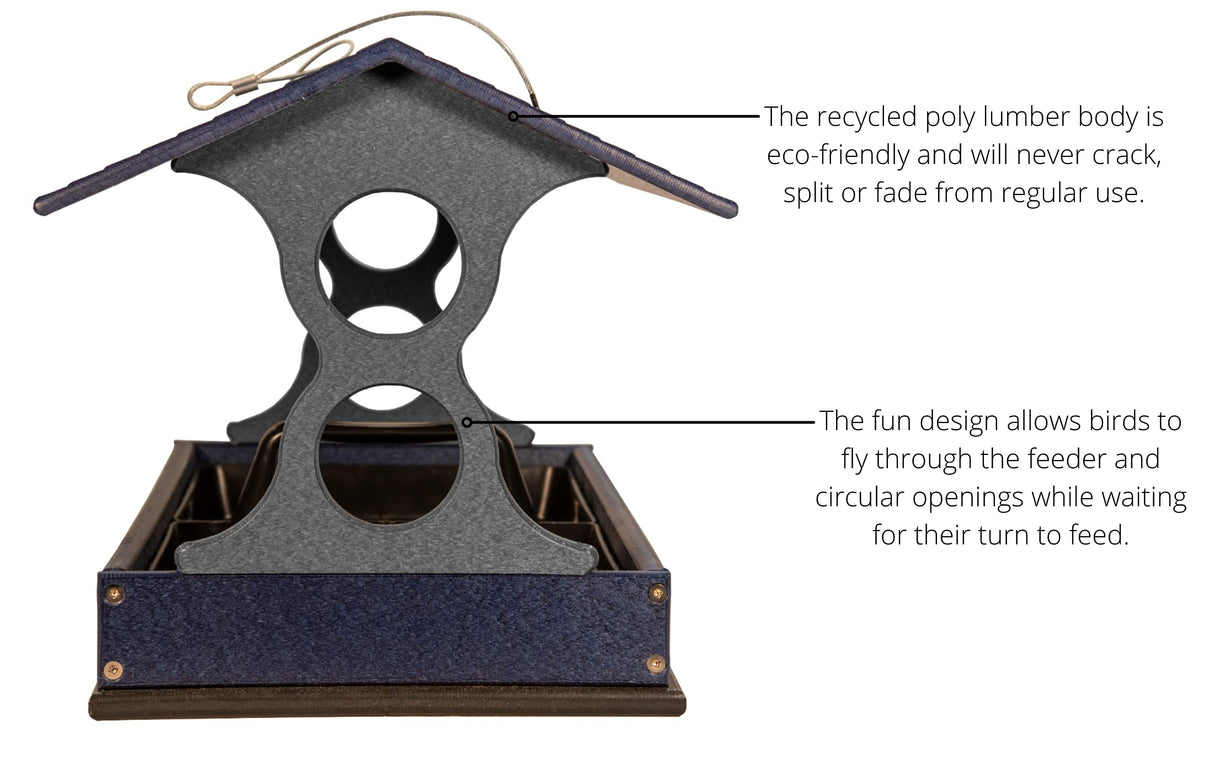 Recycled poly lumber bird feeder with a gray house-shaped body, navy blue base, and circular feeding holes showing a unique design and eco-friendly material