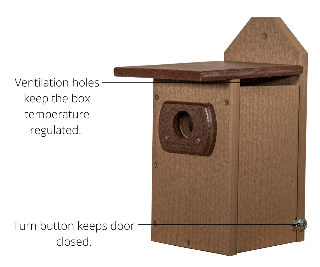 Plastic birdhouse with brown and tan recycled plastic showing ventilation holes a dark brown roof and a turn button for the access door