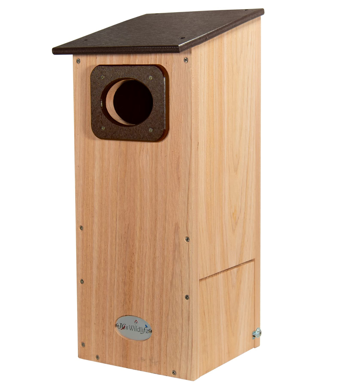 JCS Wildlife Cedar Wood Duck House with recycled poly lumber roof and predator guard for nesting birds.