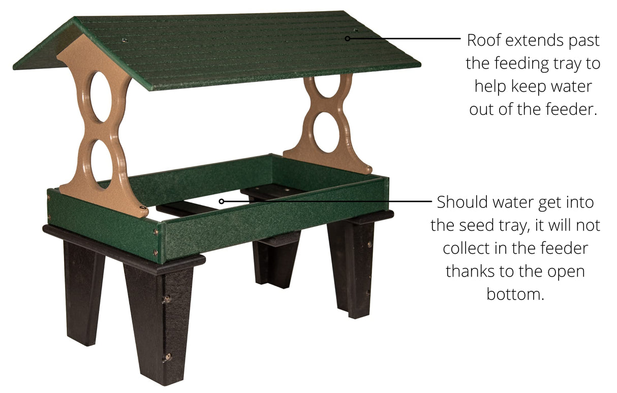Plastic bird feeder with green and tan resin showing a sloped roof, open bottom, and two decorative cutouts