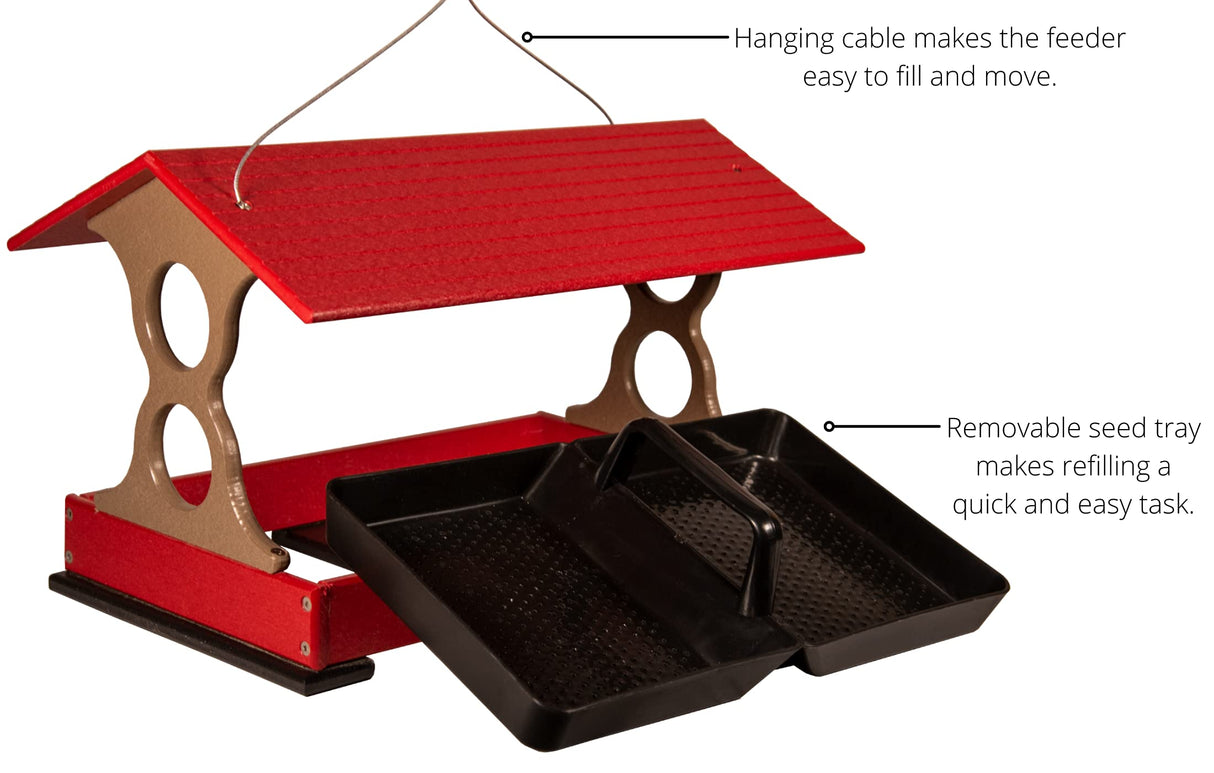 Product photography showing a red and taupe recycled plastic bird feeder with a removable black seed tray and hanging cable