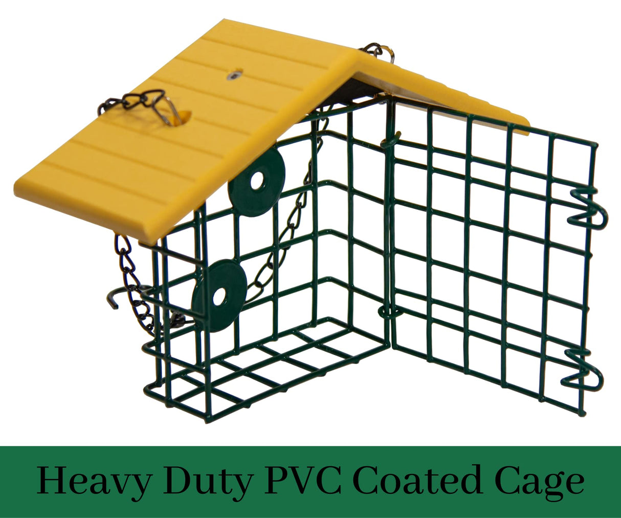 JCS Wildlife Single Suet Cage with Poly Lumber Roof, heavy duty PVC coated design for durability and protection.