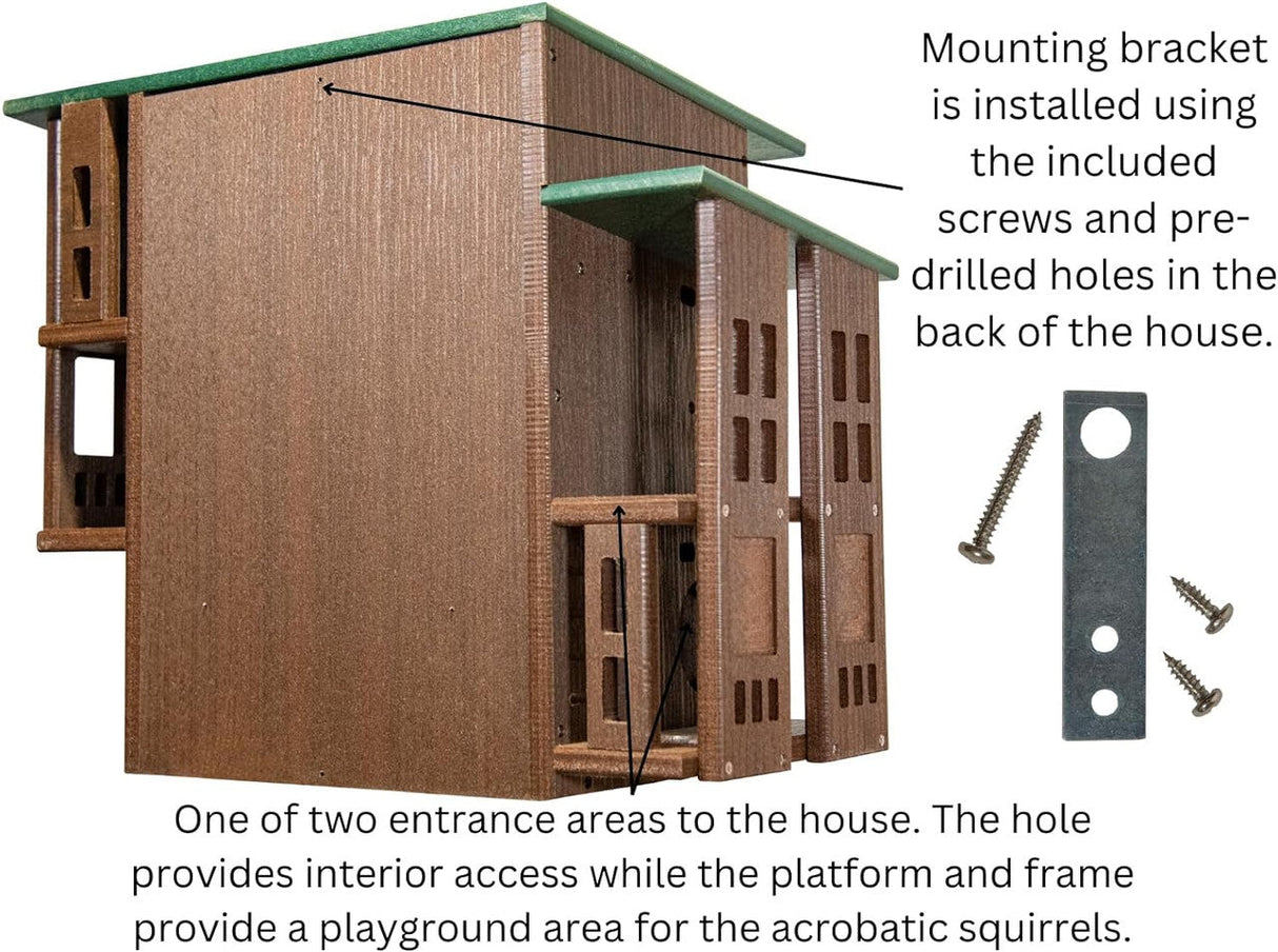 Product image of a brown and green multi-level squirrel house with multiple entry points and platforms, showing detailed craftsmanship and a mounting bracket