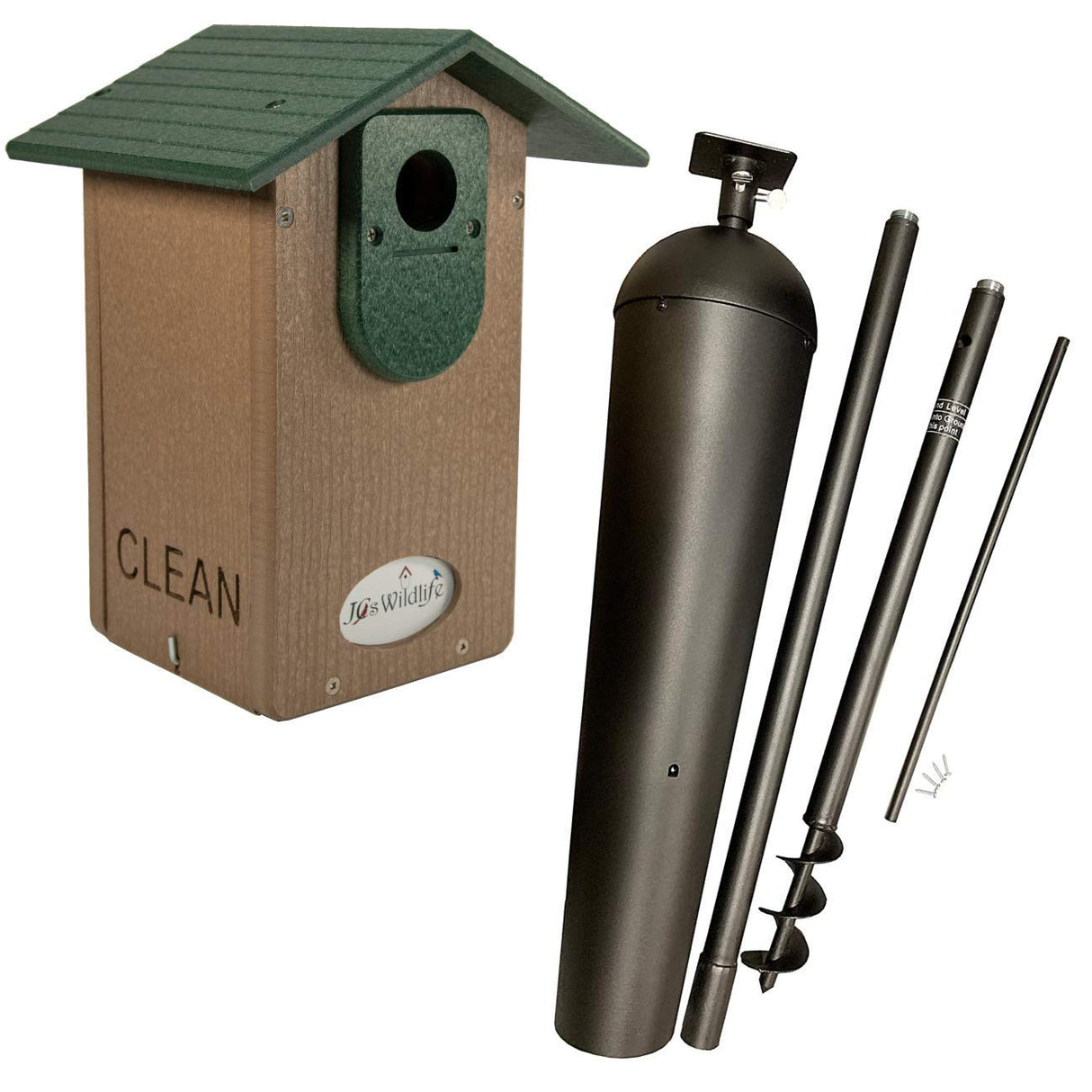JQs Wildlife brown and green recycled plastic birdhouse with mounting pole featuring a clean design and easy access for cleaning