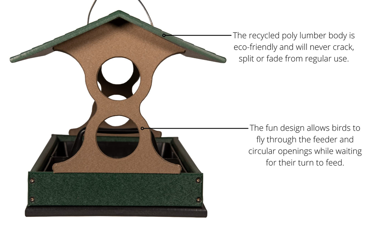 Recycled poly lumber bird feeder featuring a tan body, green roof, and circular openings for birds to enjoy a meal