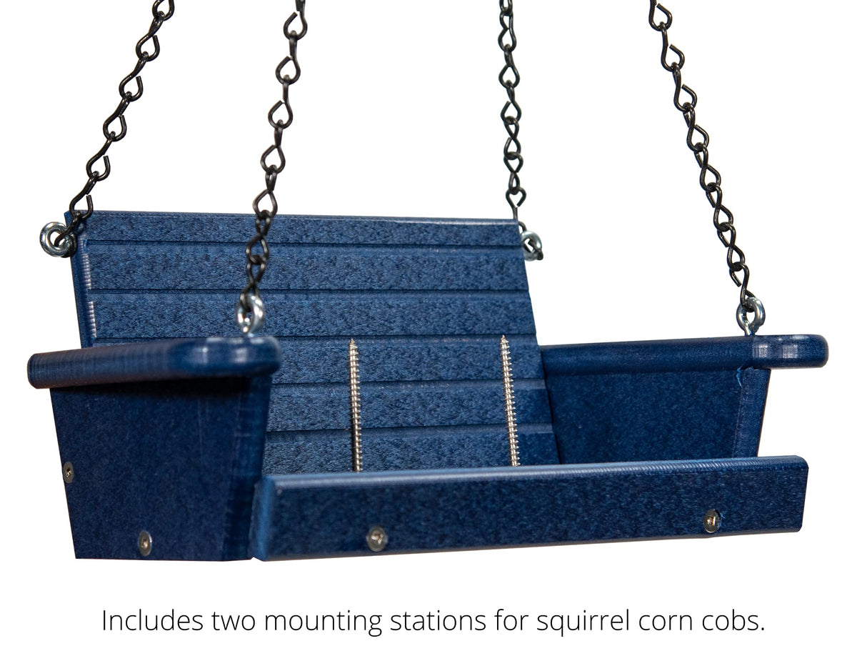Plastic resin squirrel feeder showing a dark blue color hanging from black chains with two visible mounting stations and silver screws