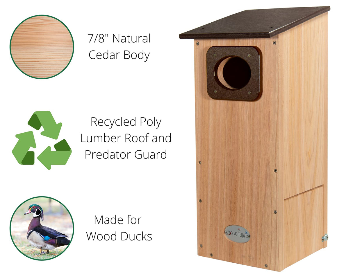 JCS Wildlife Cedar Wood Duck House with poly lumber roof, designed for wood ducks and cavity-nesting birds.