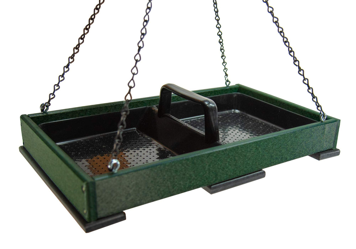 JCS Wildlife Large Poly Lumber Hanging Platform Feeder with removable tray for easy cleaning in green color.