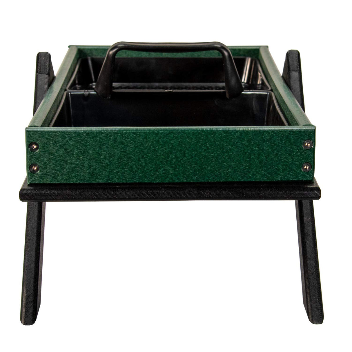 Product shot of a dark green and black plastic double bird feeder with a carrying handle and visible screws on a white background