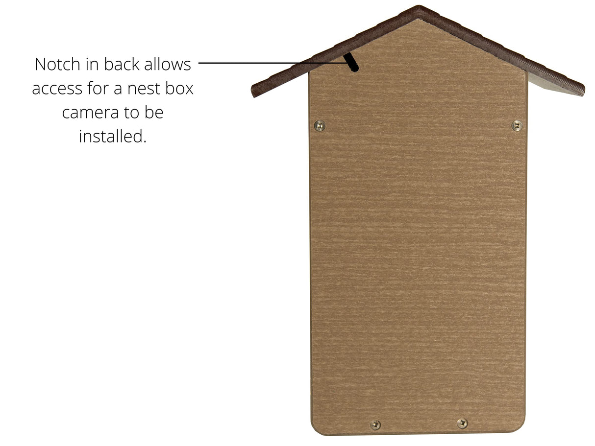 Product shot showing a brown composite wood birdhouse with a dark brown shingled roof a small access hole and visible screws