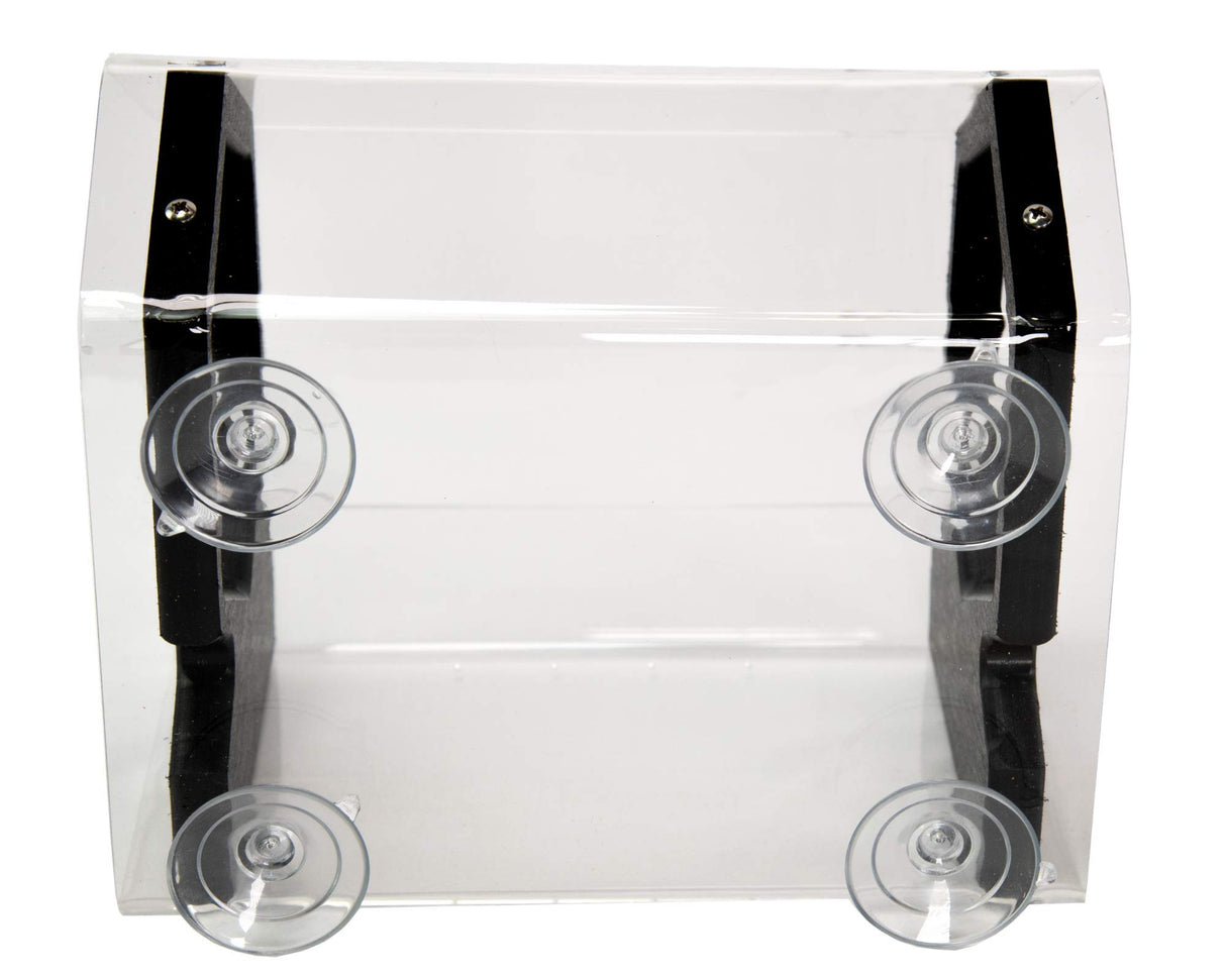 Product shot of a clear acrylic box with black suction cups and screws showing its four sides and base