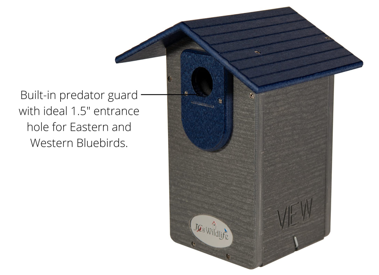 JCs Wildlife plastic bluebird house showing a dark gray body, a navy blue roof and entrance, and a predator guard