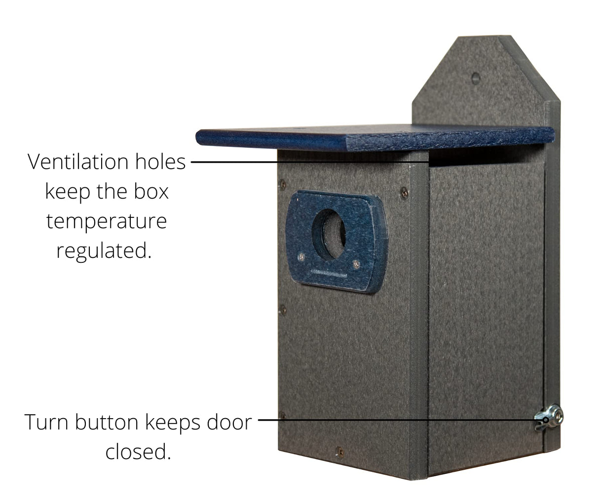 Product photograph of a gray and blue recycled plastic birdhouse featuring ventilation holes a dark blue roof and a turn button for the access door