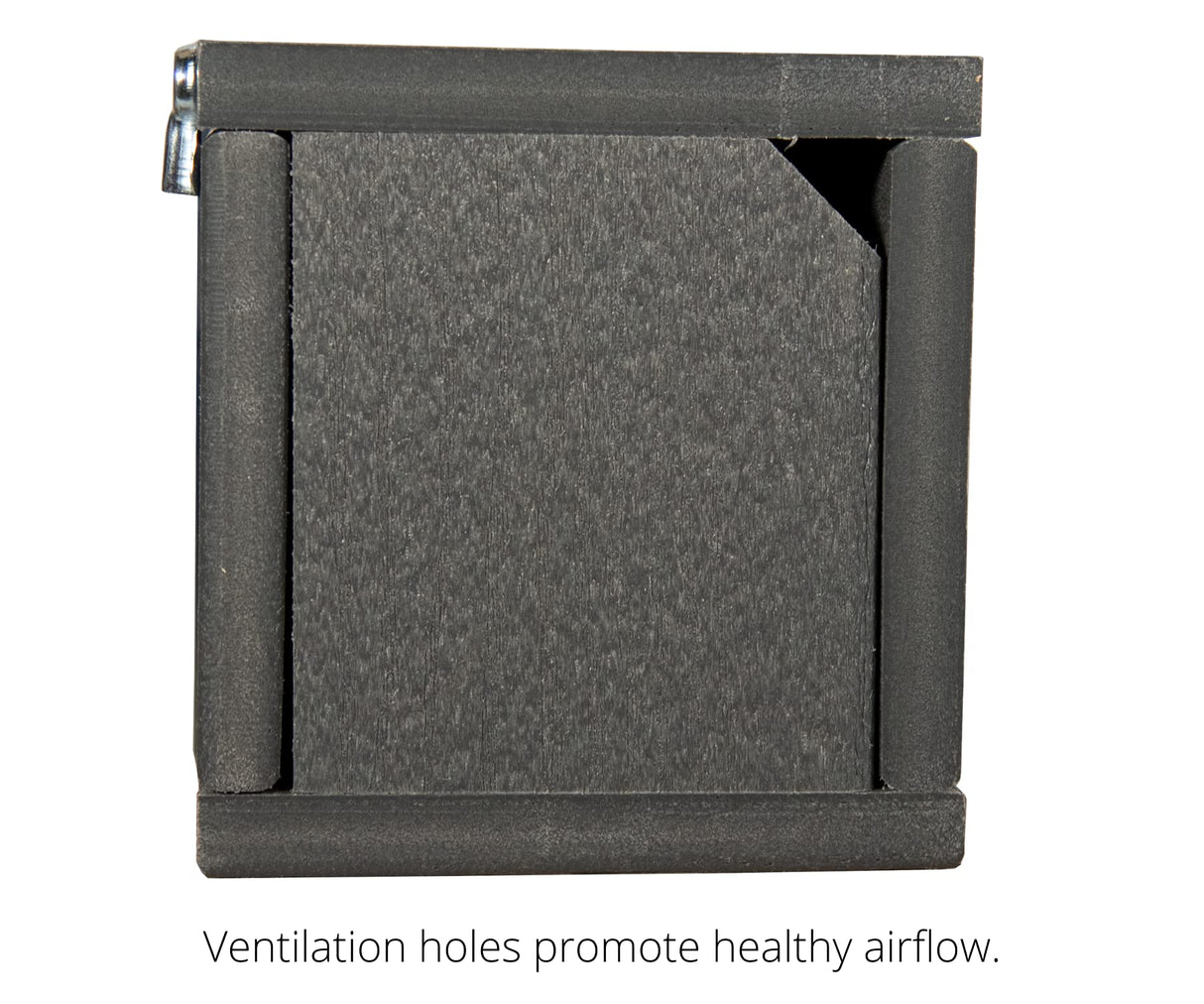 Product shot showing a dark gray rectangular box with ventilation holes and visible metal hinges showcasing a unique design with textured surface and contrasting edges