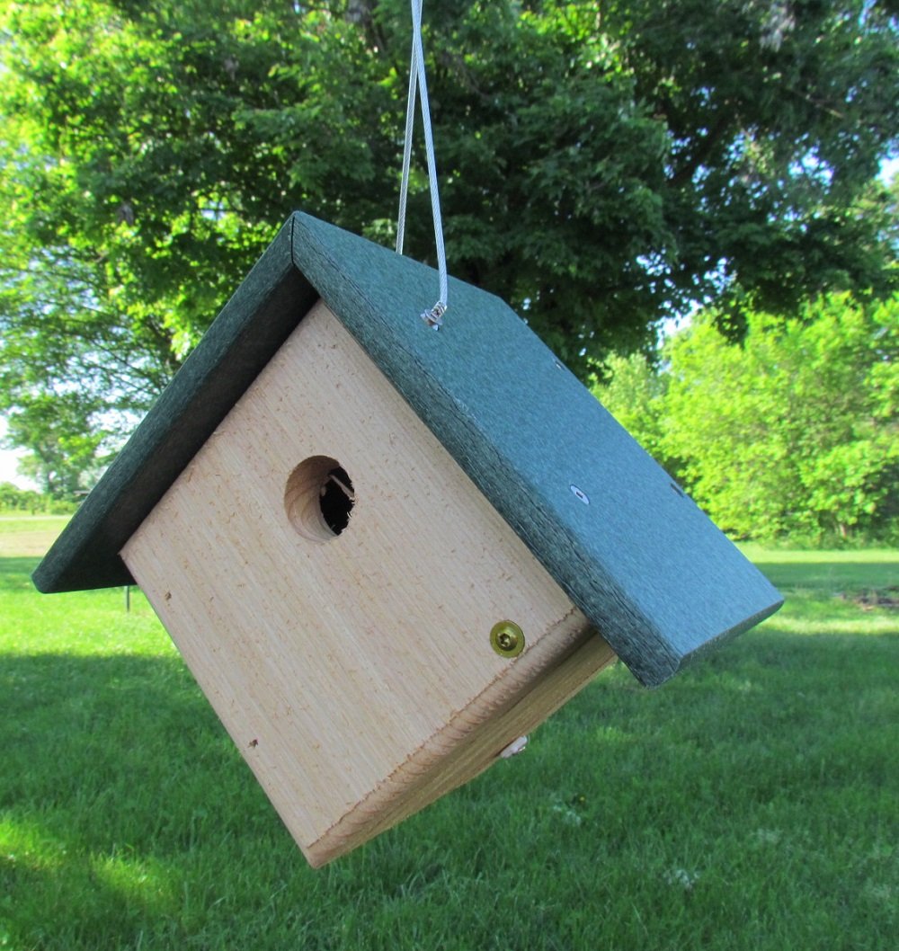 Wooden birdhouse with a dark green roof hanging outdoors against a backdrop of lush green trees and grass showing brass screws and a small round entrance hole