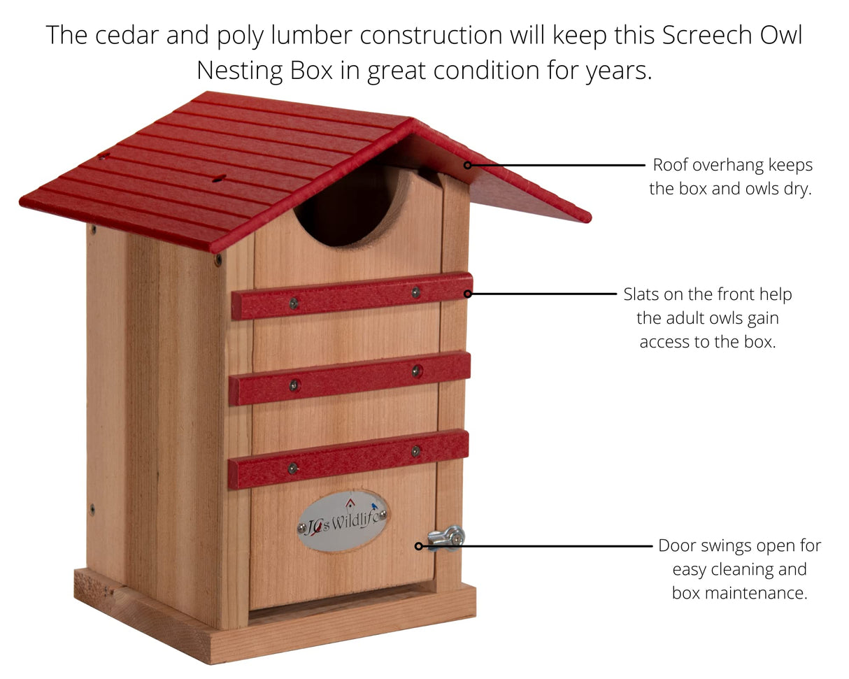 JCS Wildlife Cedar Screech Owl Nest Box with Poly Lumber Roof, designed for easy maintenance and durable use.