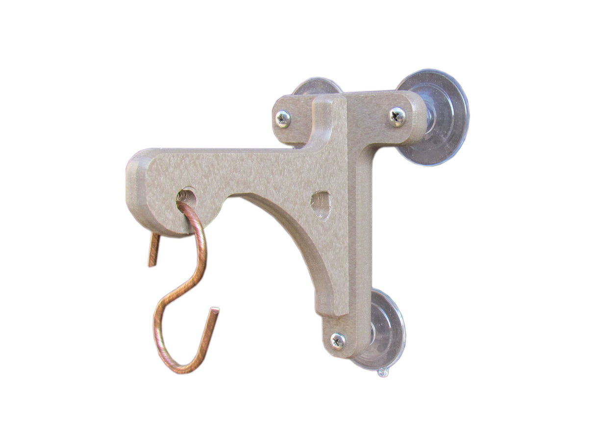 Product shot of a tan plastic suction cup hummingbird feeder bracket with a copper colored hook and visible screws